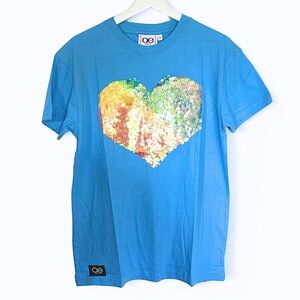 Queer Eye Vibrant Blue Short Sleeve Tee with Rainbow Sequin Heart, Size S